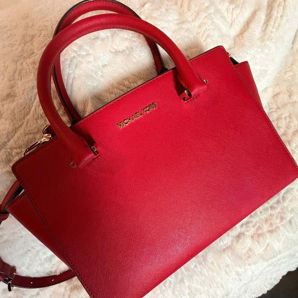 Michael Kors Selma Large Mandarin Red Saffiano Leather Satchel Bag